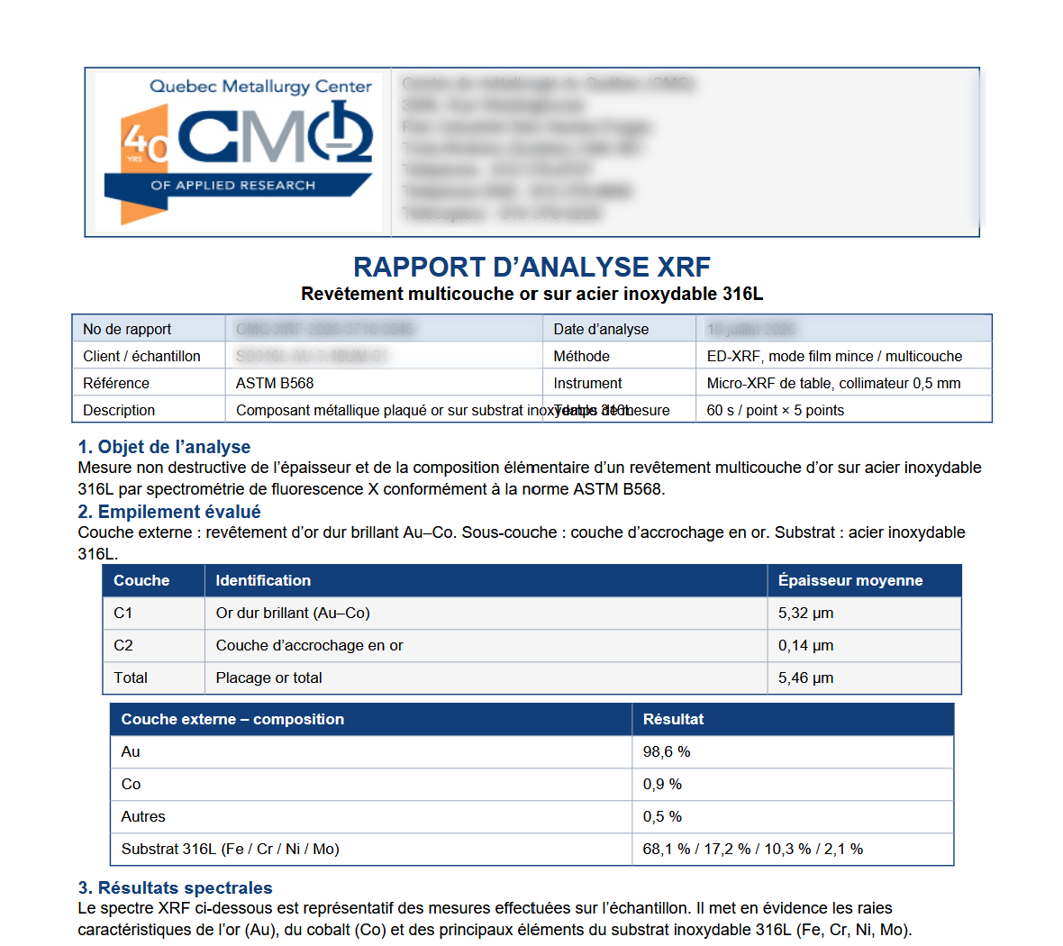 CMQ (Quebec Metallurgy Center) XRF analysis report, part 1: 5.46 µm total gold build, Au 98.6% hard-gold
